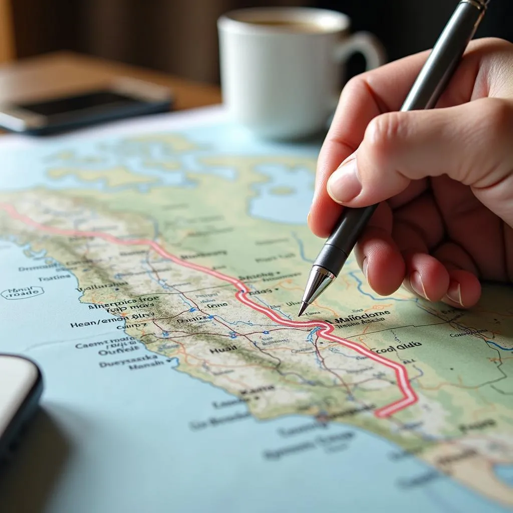 Person planning road trip route on map