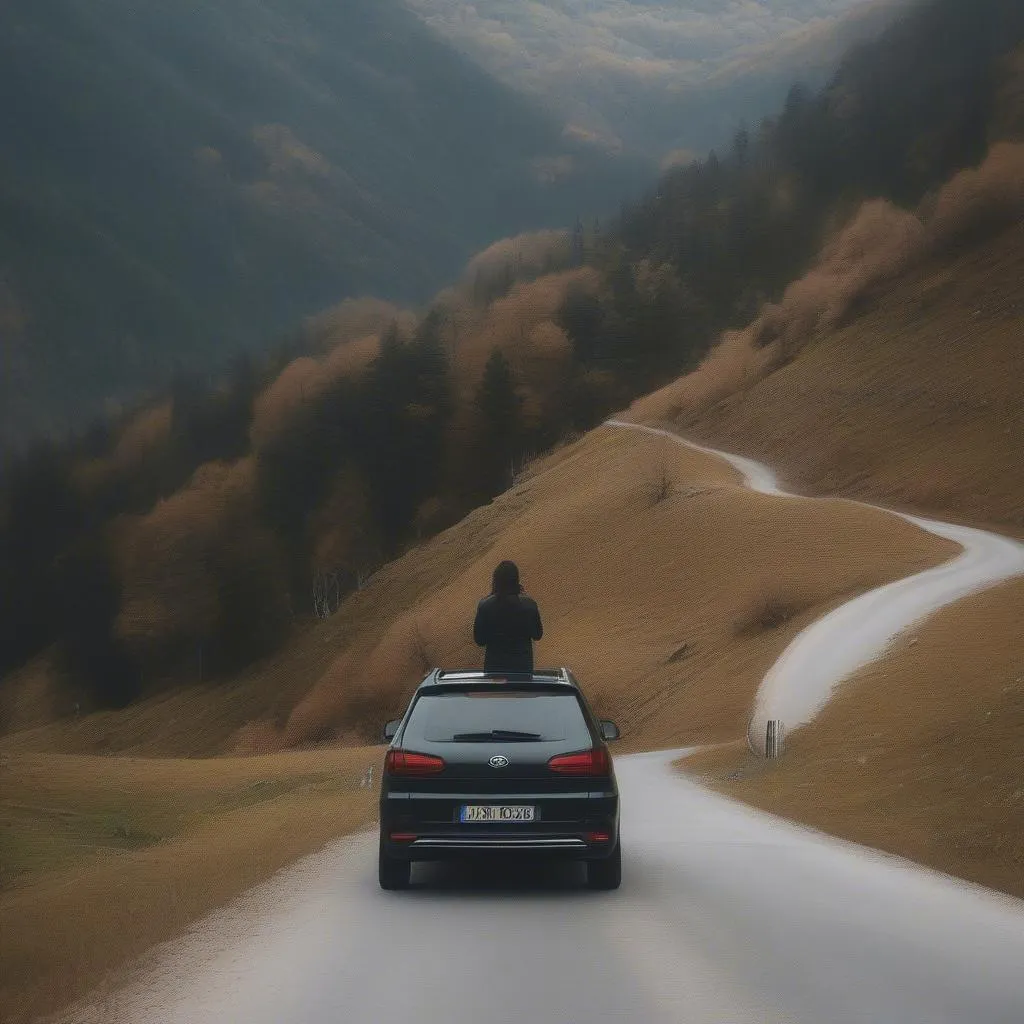 Person taking picture of scenic landscape during road trip