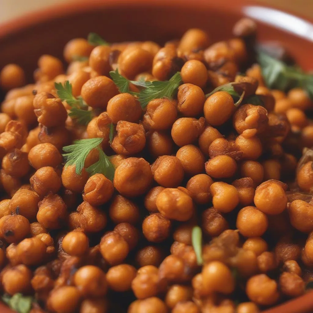 Close-up of roasted chickpeas in a bowl