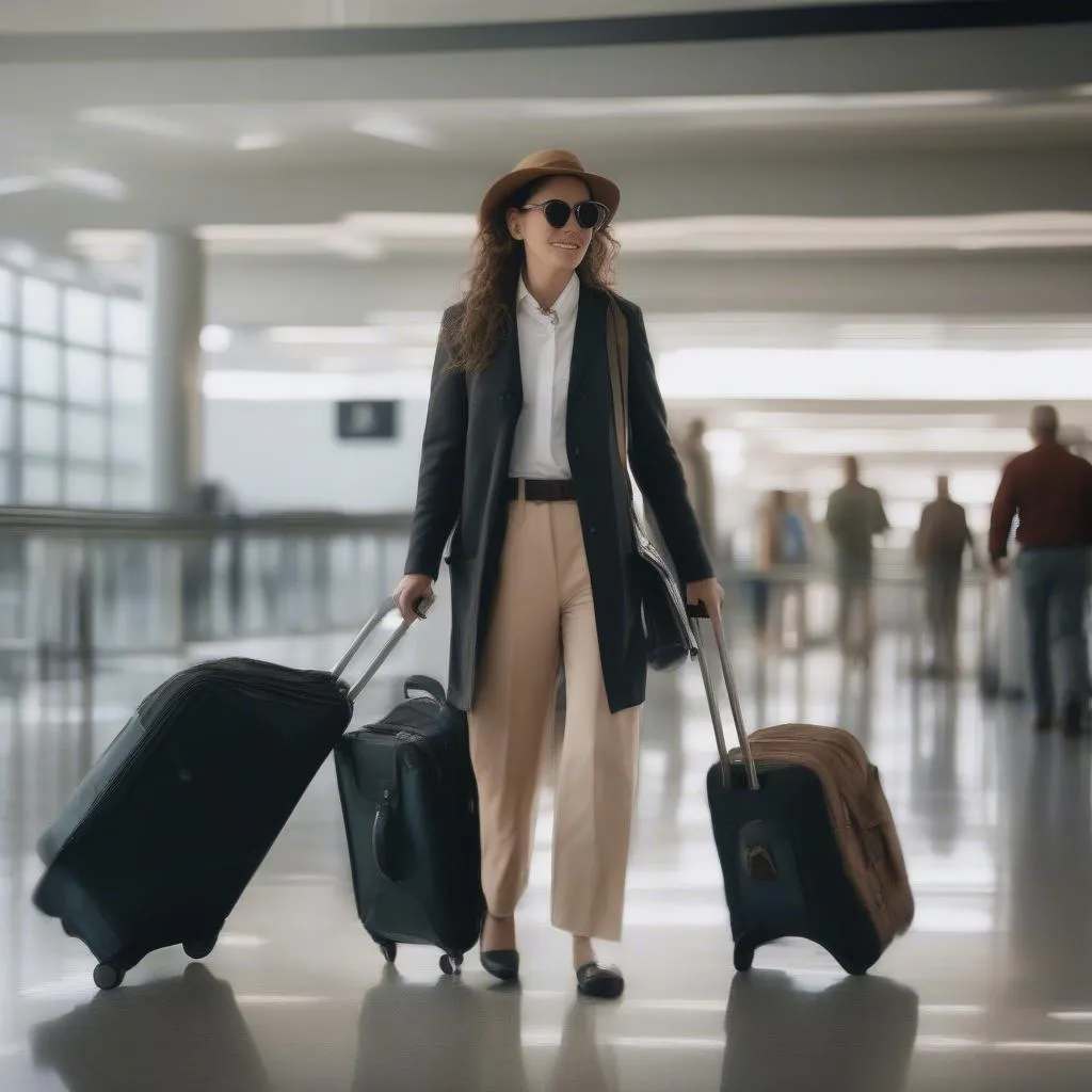 woman rolling suitcase on airport