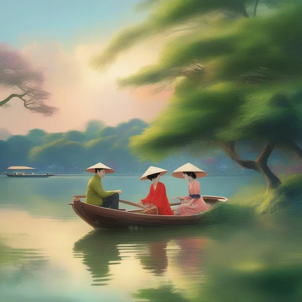 Couple enjoying a romantic boat ride on Xuân Hương Lake, surrounded by lush greenery