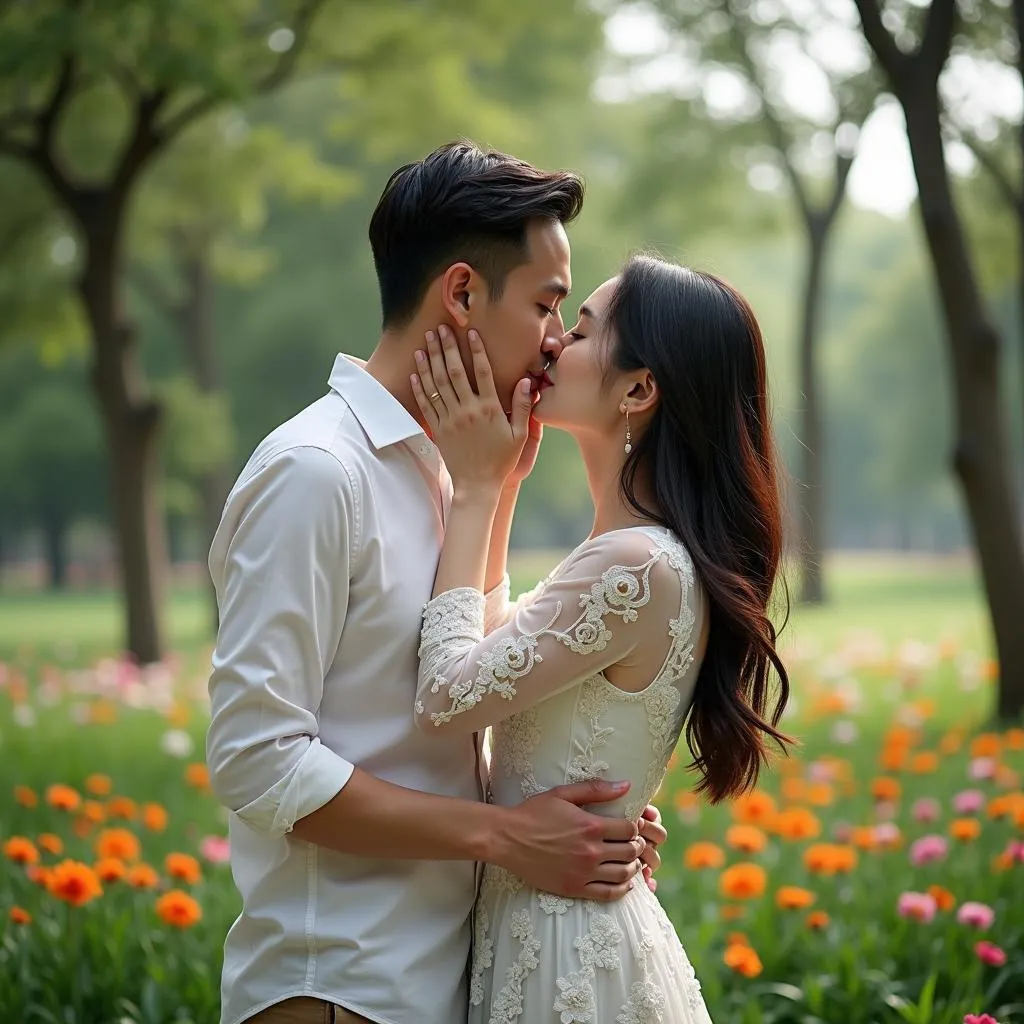 Couple holding hands and embracing during a kiss in a Hanoi park