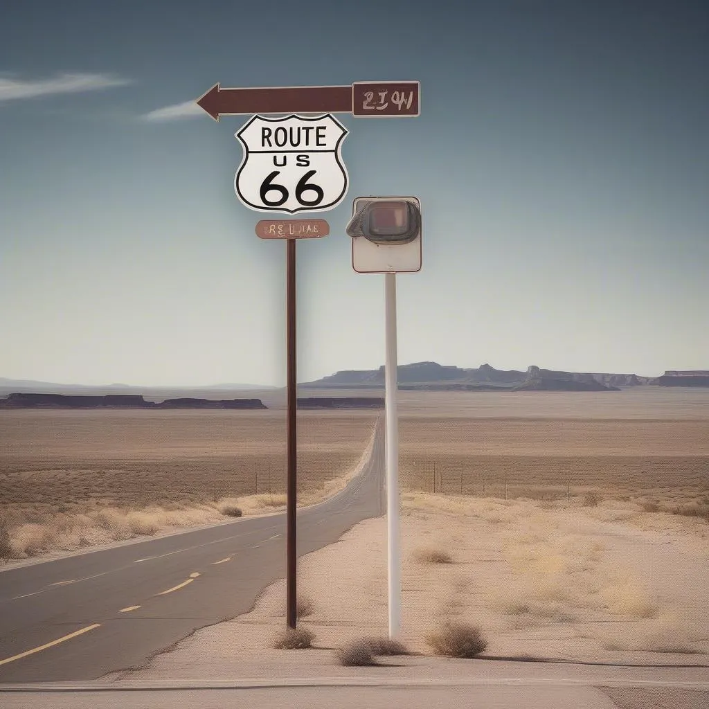 Route 66 road sign on a deserted highway in the American Southwest