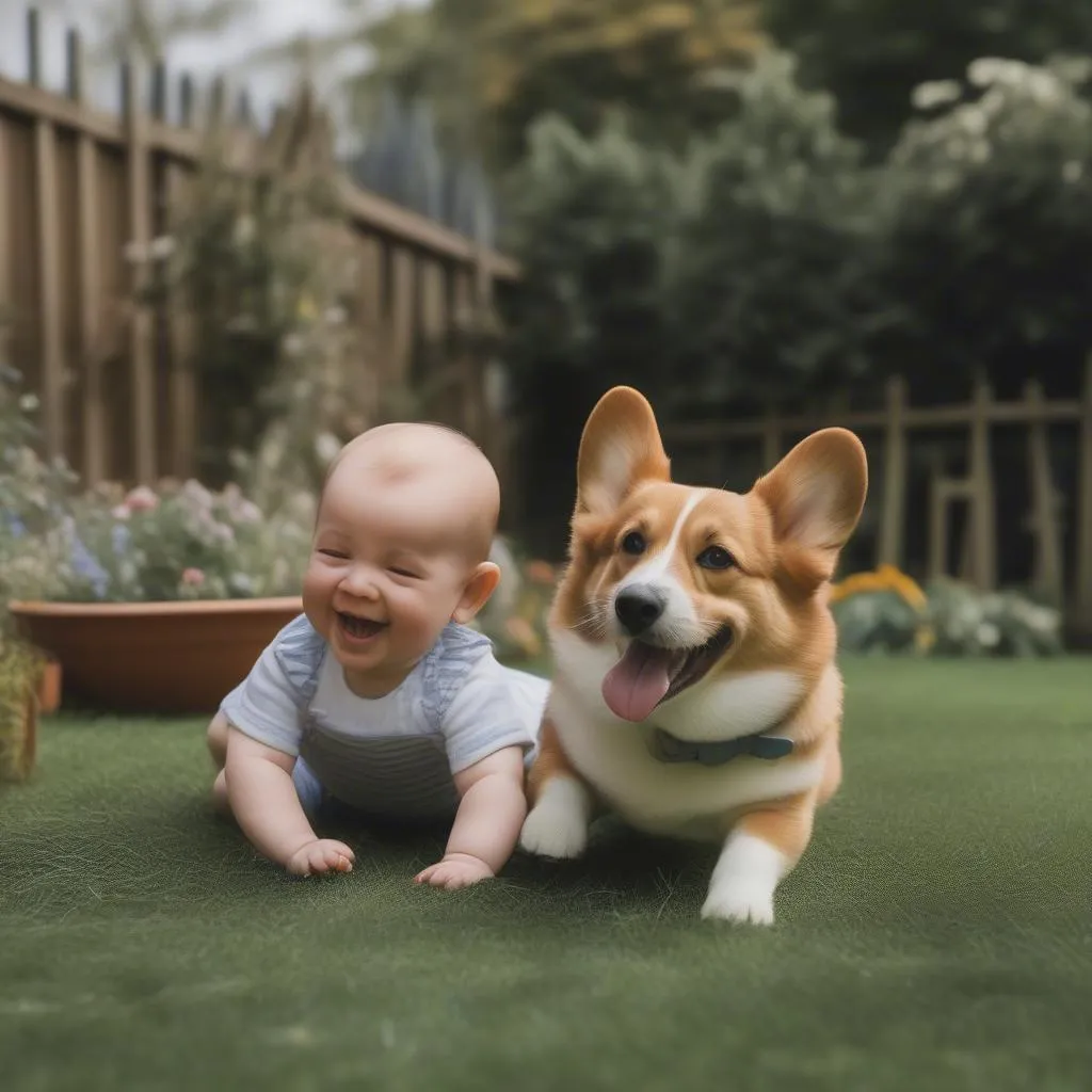 Royal baby playing in a garden with a corgi