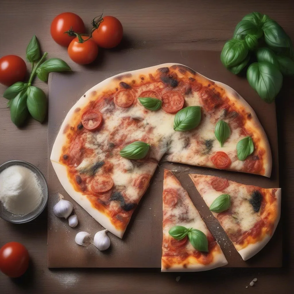 Square photo of a rustic Italian pizza on a wooden table with fresh ingredients scattered around.