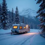 RV on a snowy mountain road