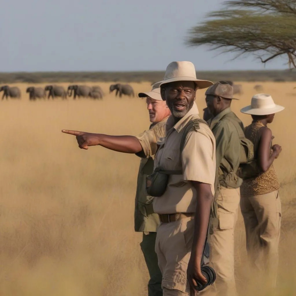 Safari guide leading tourists through the savanna