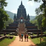 Tourists exploring a temple in Sri Lanka