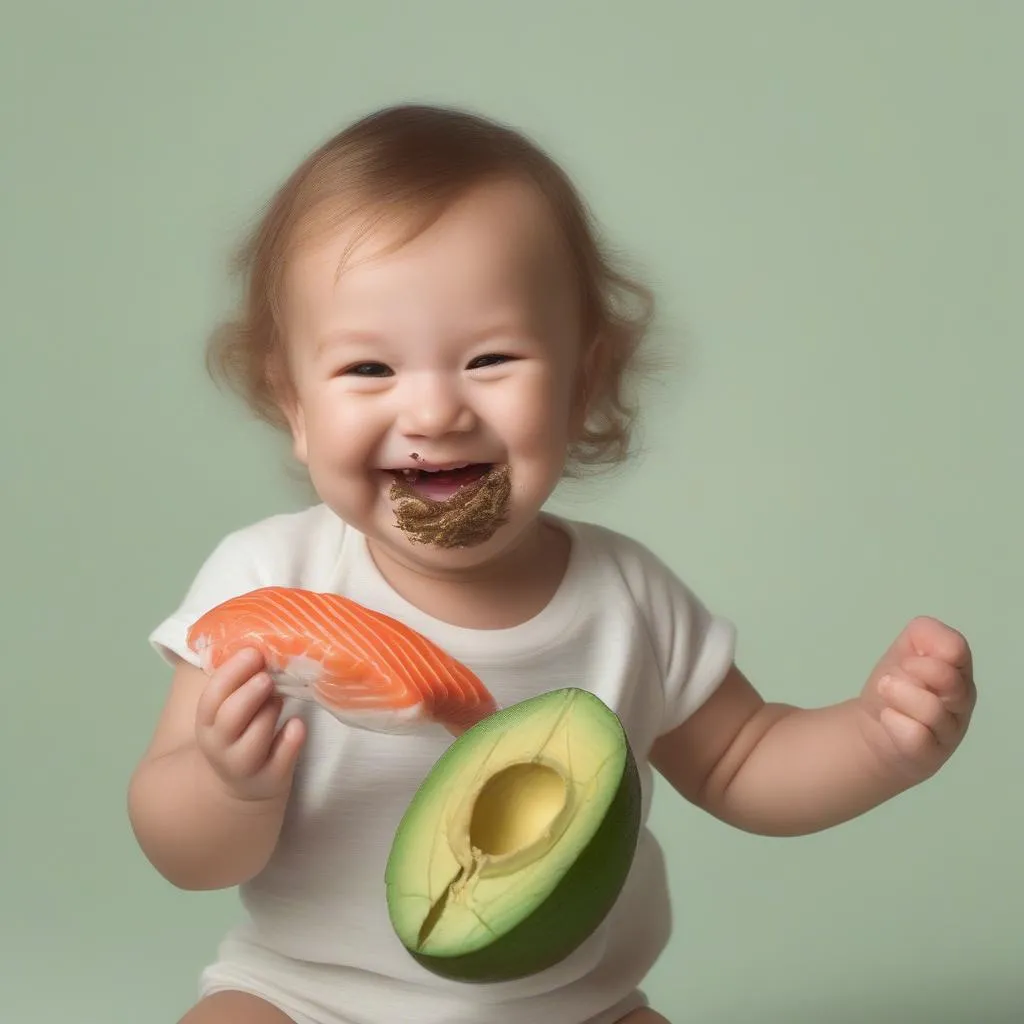 Baby holding a salmon and avocado bite