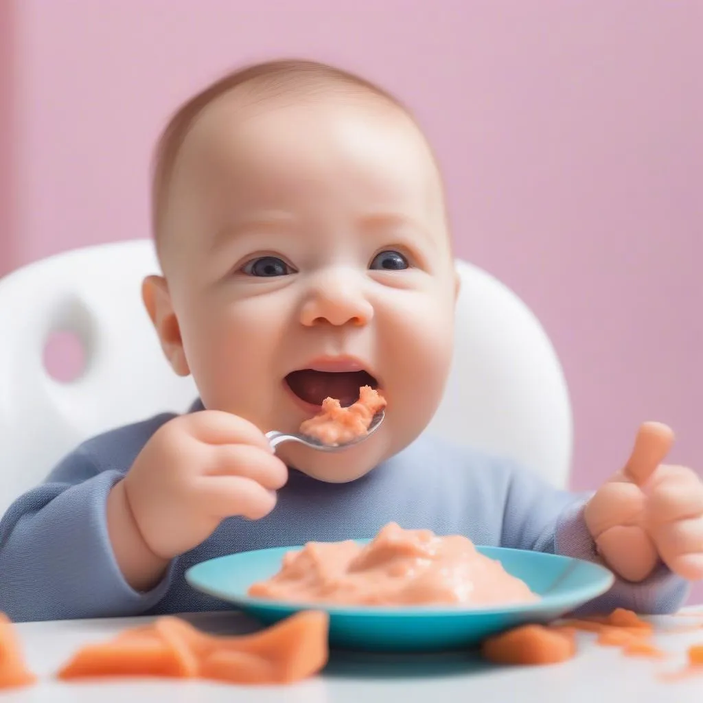 Baby enjoying salmon puree