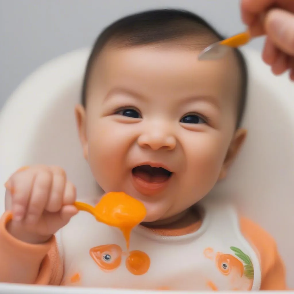 Baby enjoying salmon puree