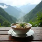 Steaming bowl of Pho with Sapa's mountains in background