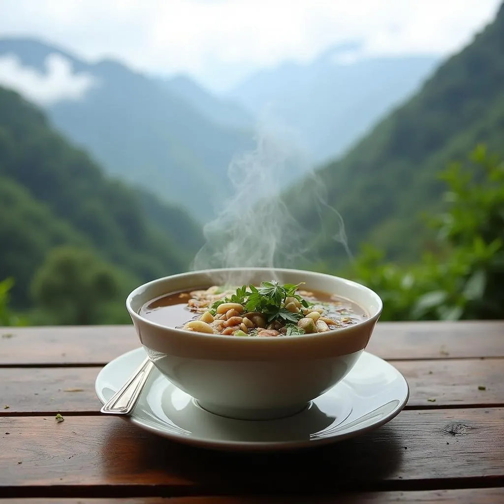 Steaming bowl of Pho with Sapa's mountains in background