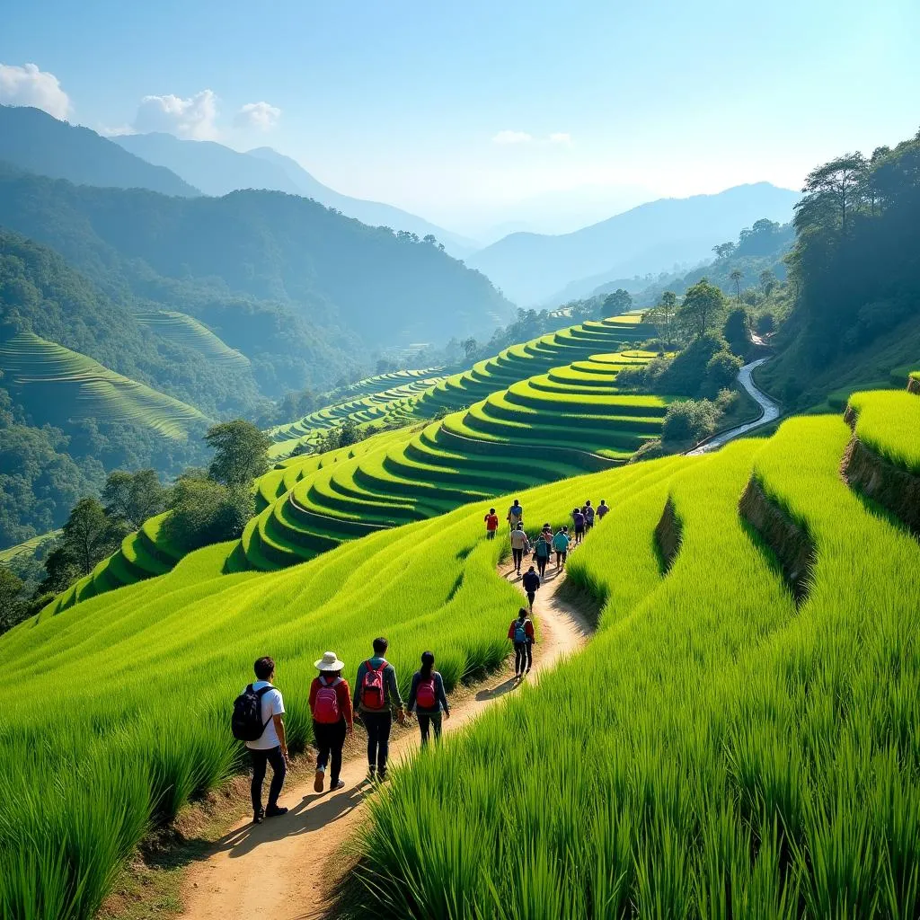 Tourists trekking in Sapa, Vietnam during off-season