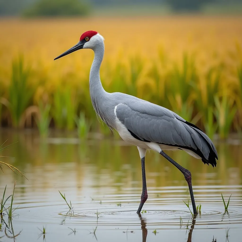 Sarus Crane Foraging in a Rice Paddy