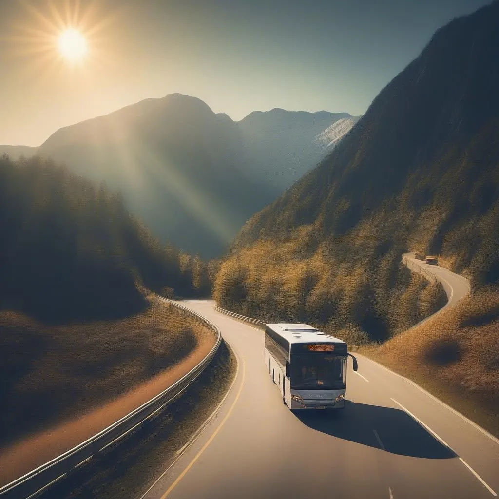 Bus driving on scenic mountain road