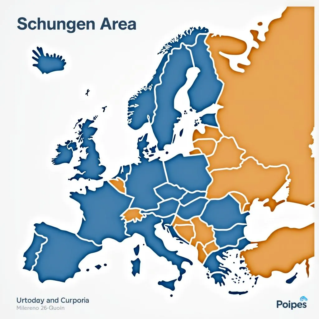 Map of Schengen Area countries in Europe