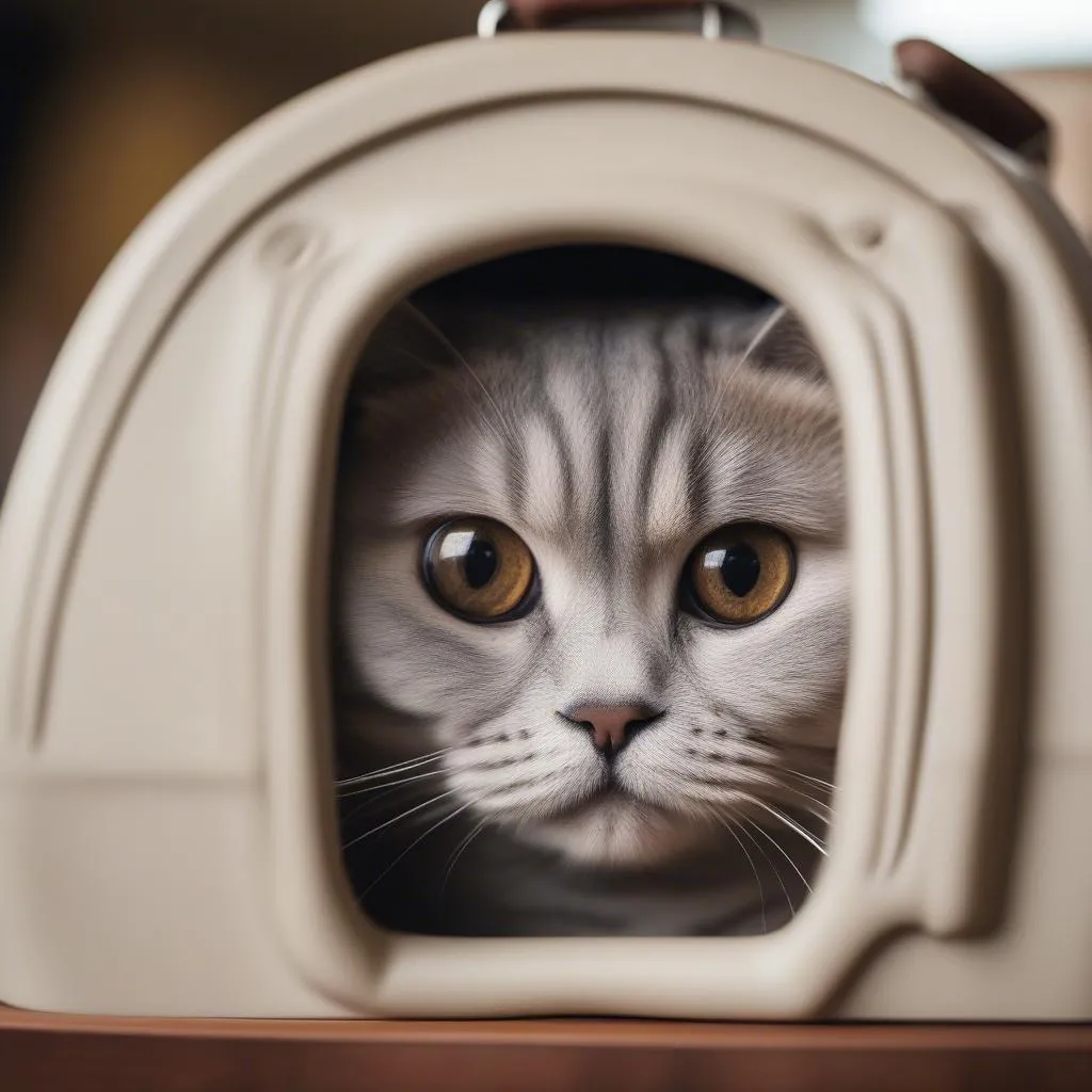 Scottish Fold cat in a carrier