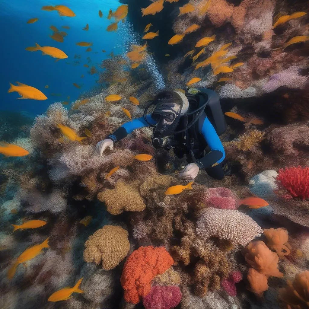 Scuba diver exploring coral reef