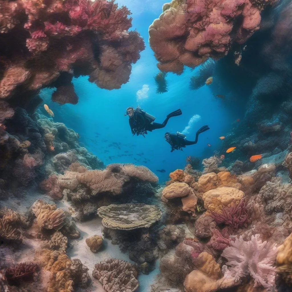 Scuba divers exploring a vibrant coral reef