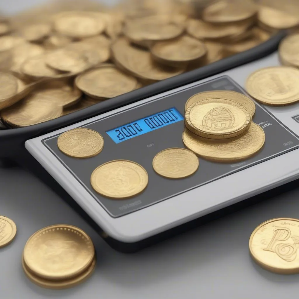 Image of various gold coins being weighed on a scale