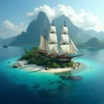 Ship sailing around a tropical island