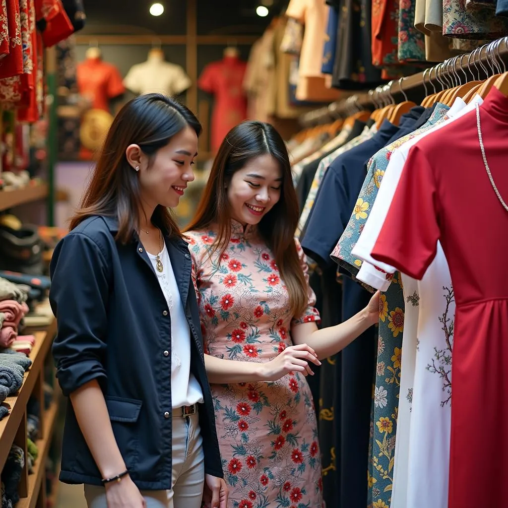 Tourists browsing Ao Dai in a shop in Hanoi's Old Quarter