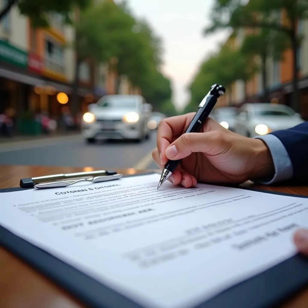 Tourists signing a car rental agreement in Hanoi 