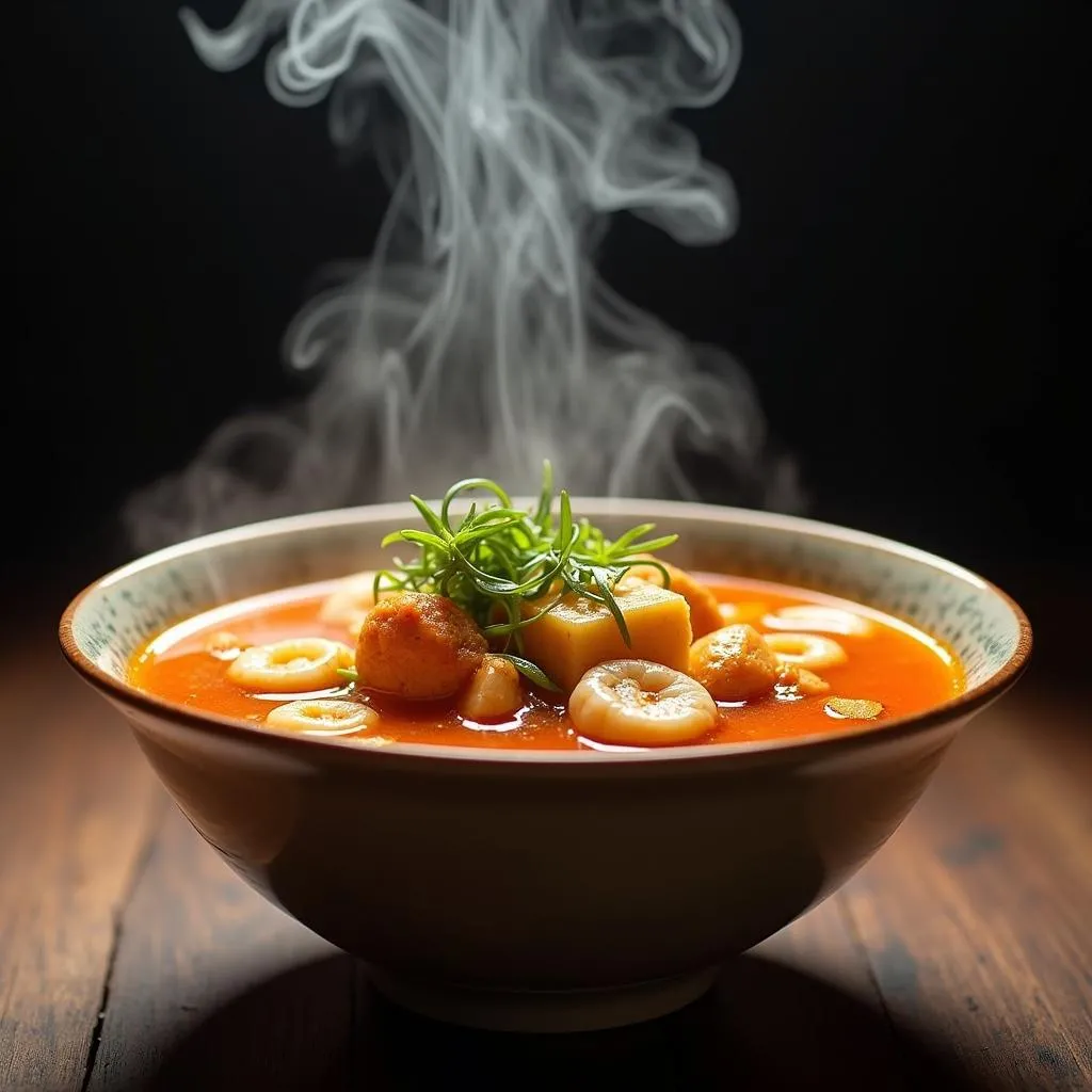 A bowl of Singapore Laksa with prawns, tofu puffs, and fishcake