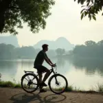 Slow travel in Hanoi: Cyclist admiring West Lake