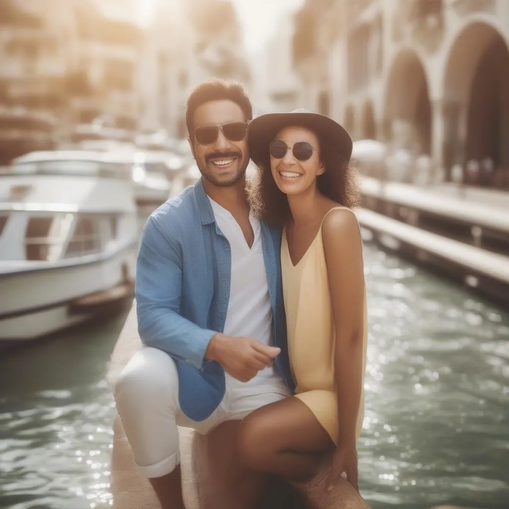 Couple smiling and enjoying travel insurance