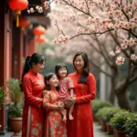 Hanoi family celebrating Tet with snow white apricot blossoms