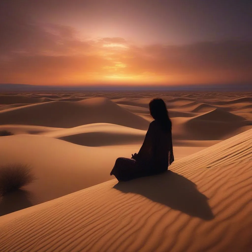 Solo female traveler enjoying a desert sunset