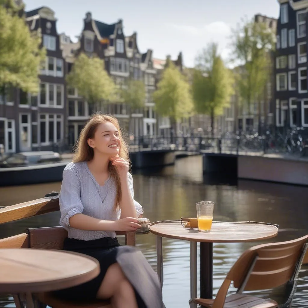 Solo traveler enjoying a drink at a canal-side cafe in Amsterdam