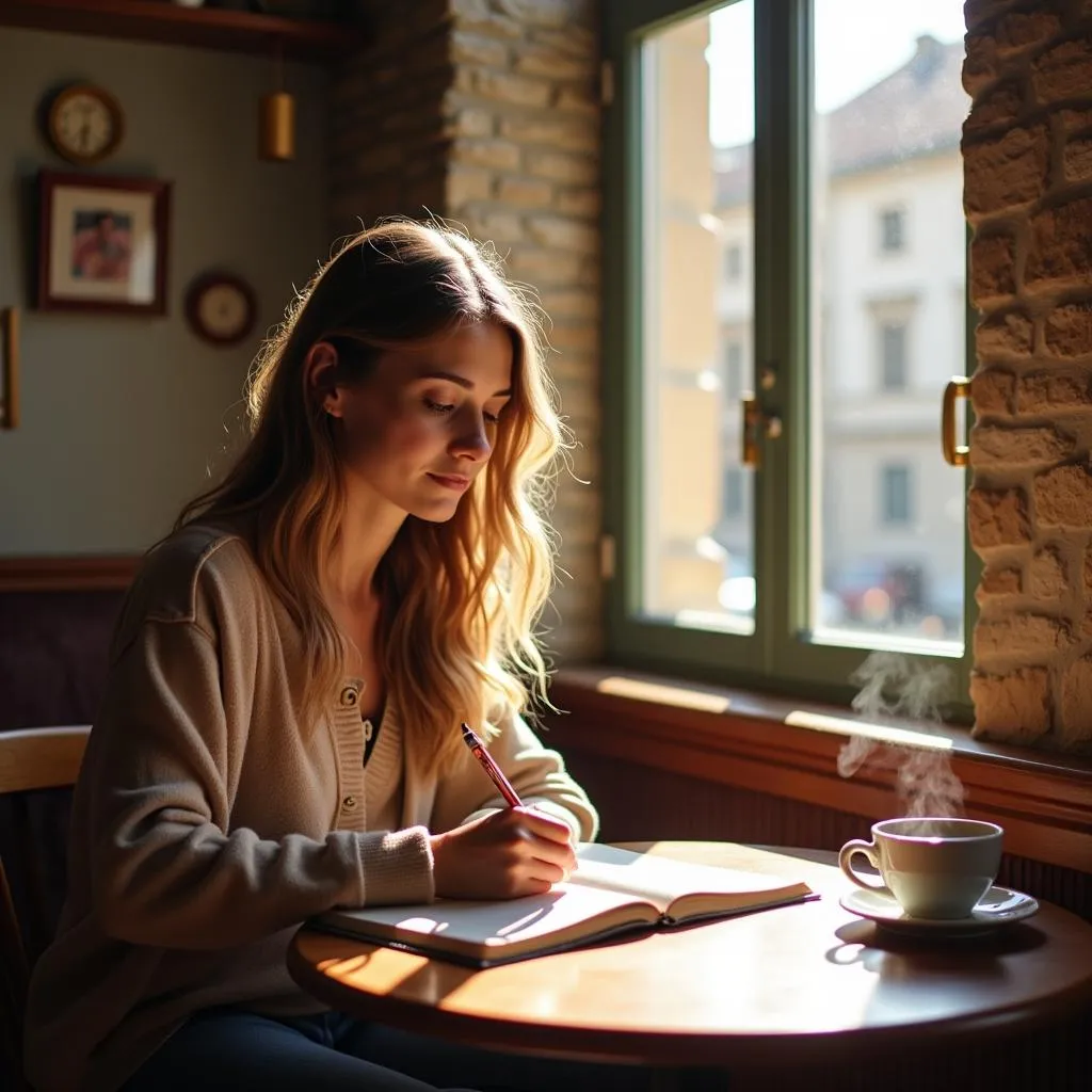 Solo traveler journaling in a cozy cafe