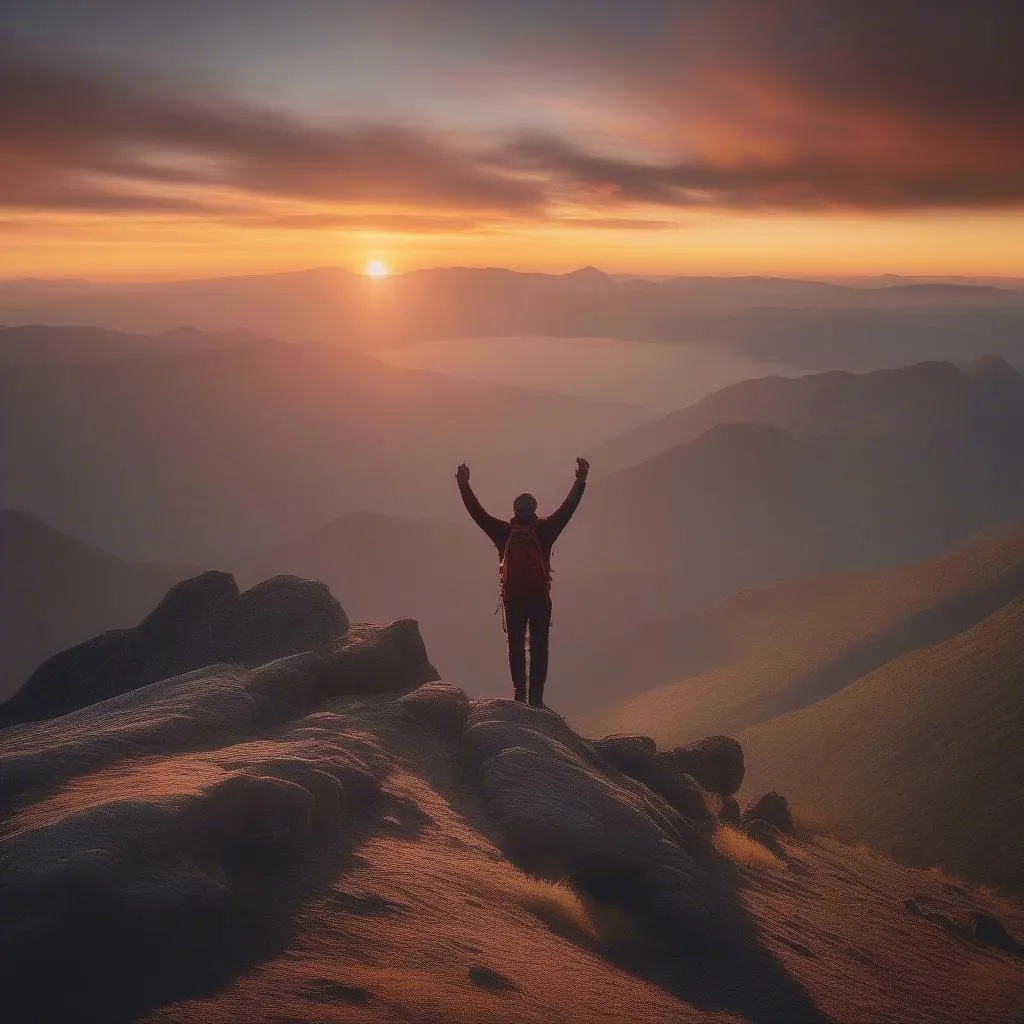 Solo traveler celebrating on a mountain summit