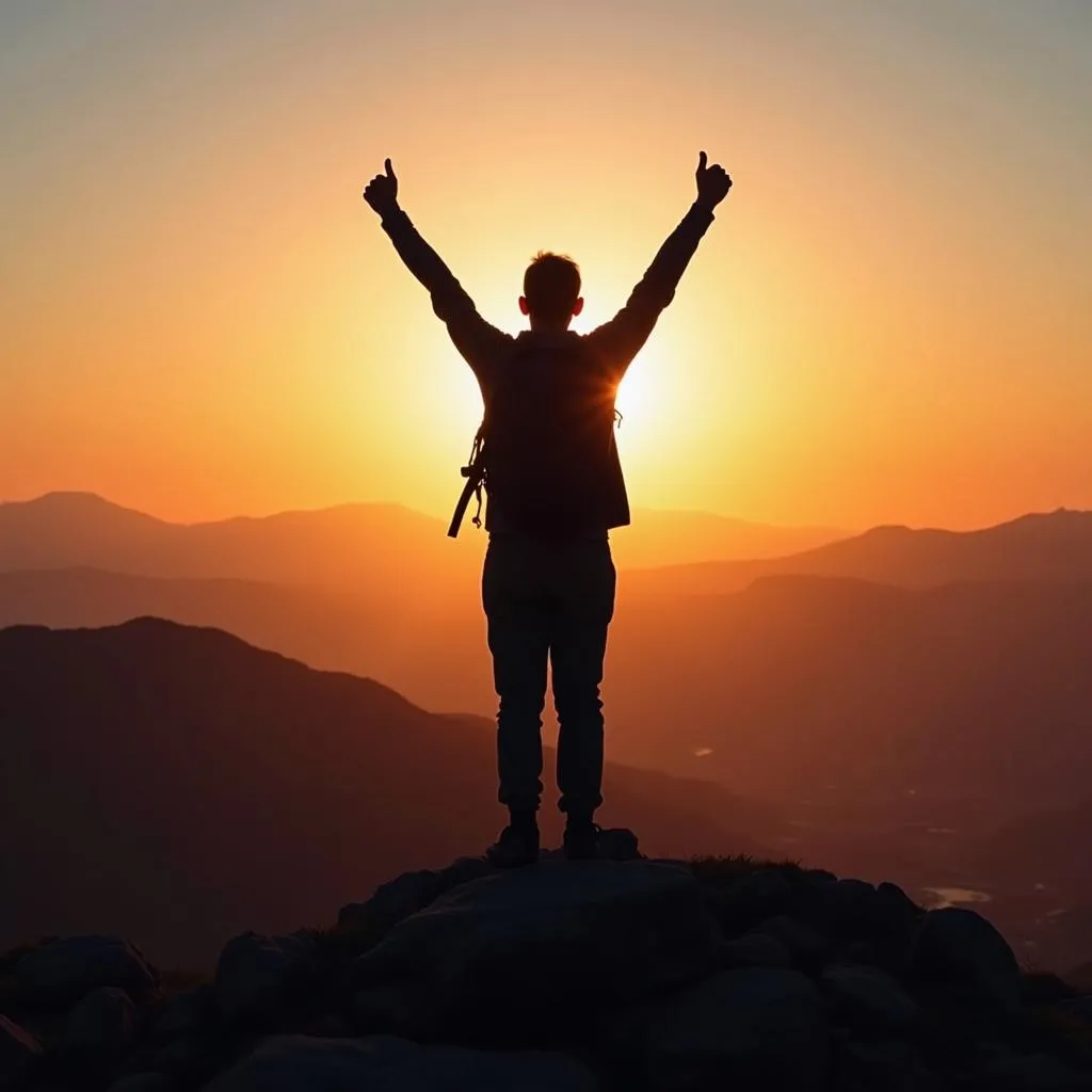 Solo Traveler Reaching a Mountain Summit