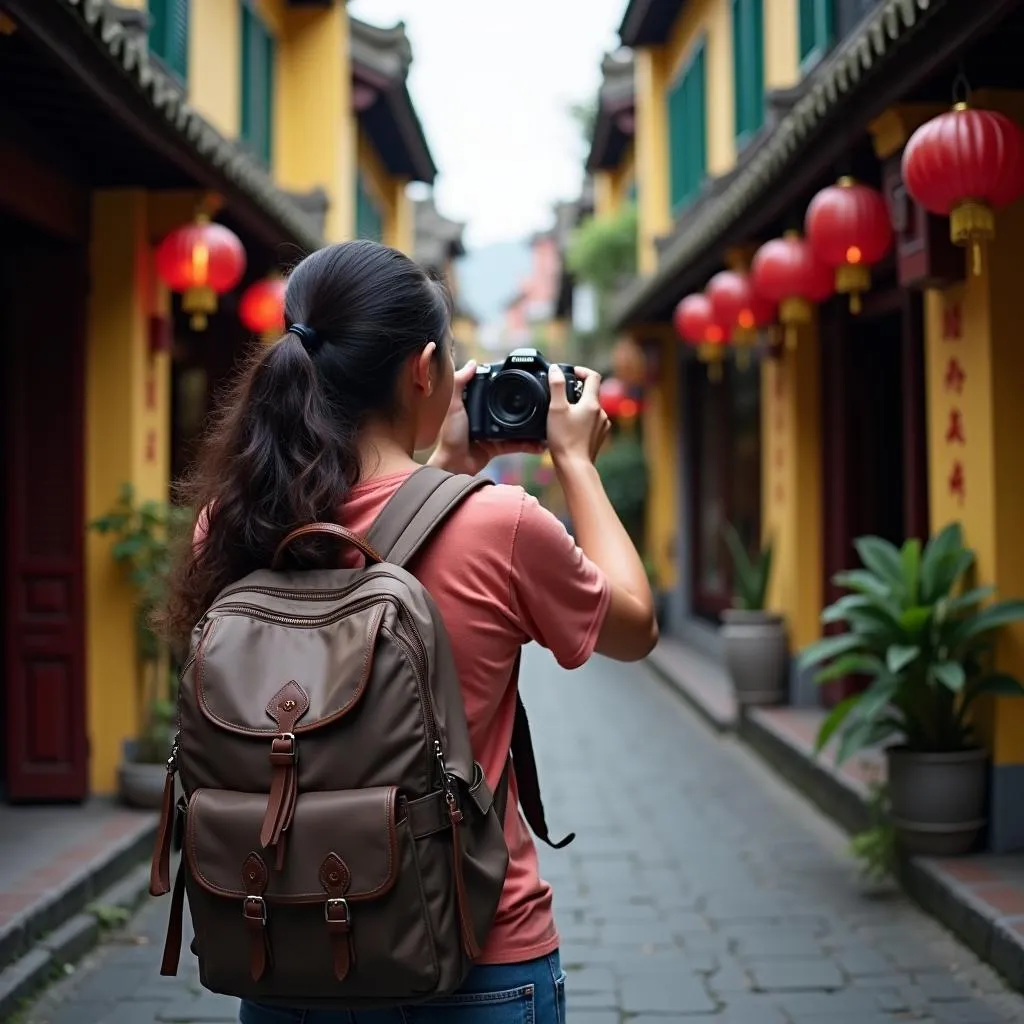 Solo traveler capturing the charm of Hanoi's Old Quarter.