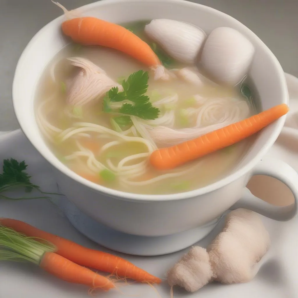 A bowl of warm chicken broth with vegetables.