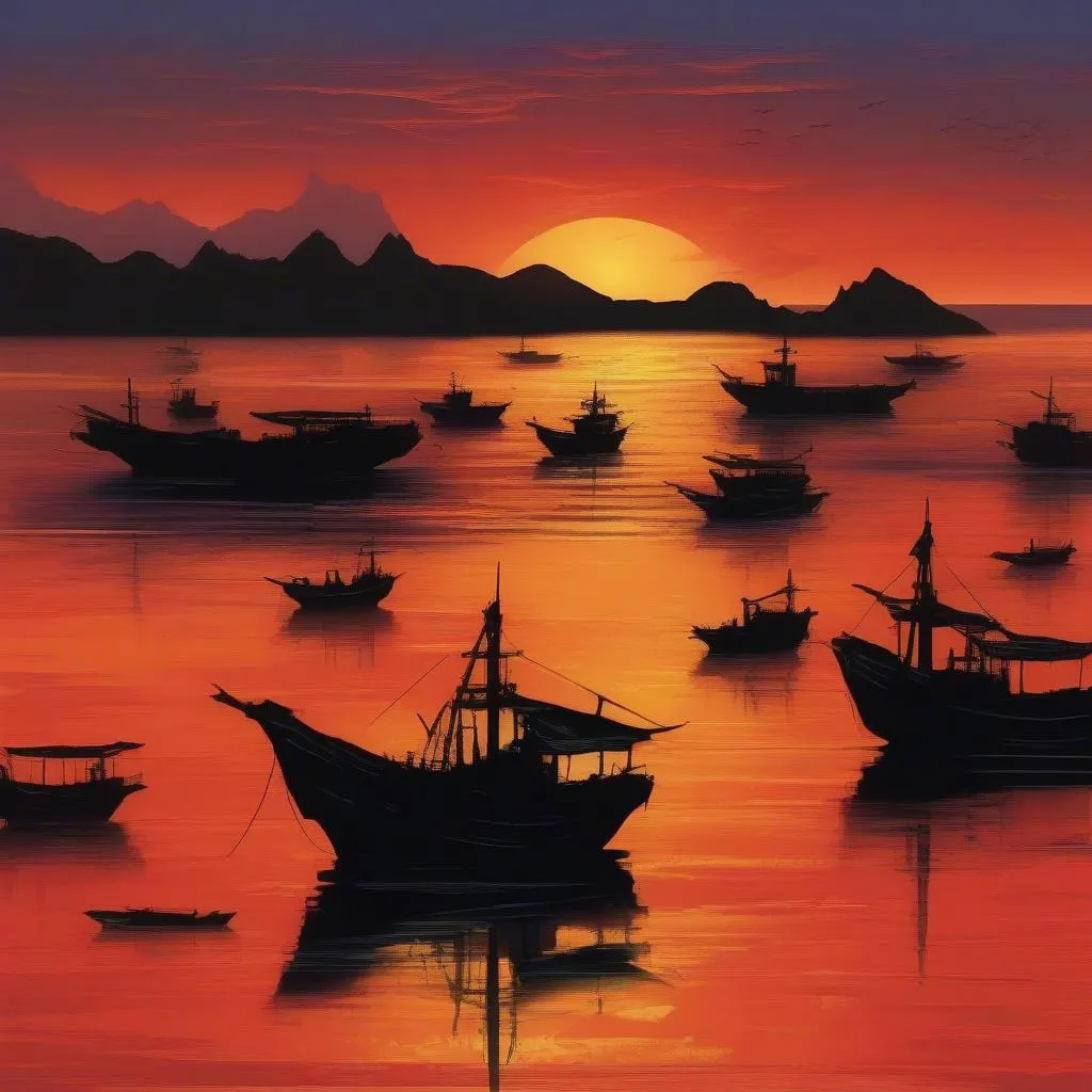 South China Sea sunset with fishing boats