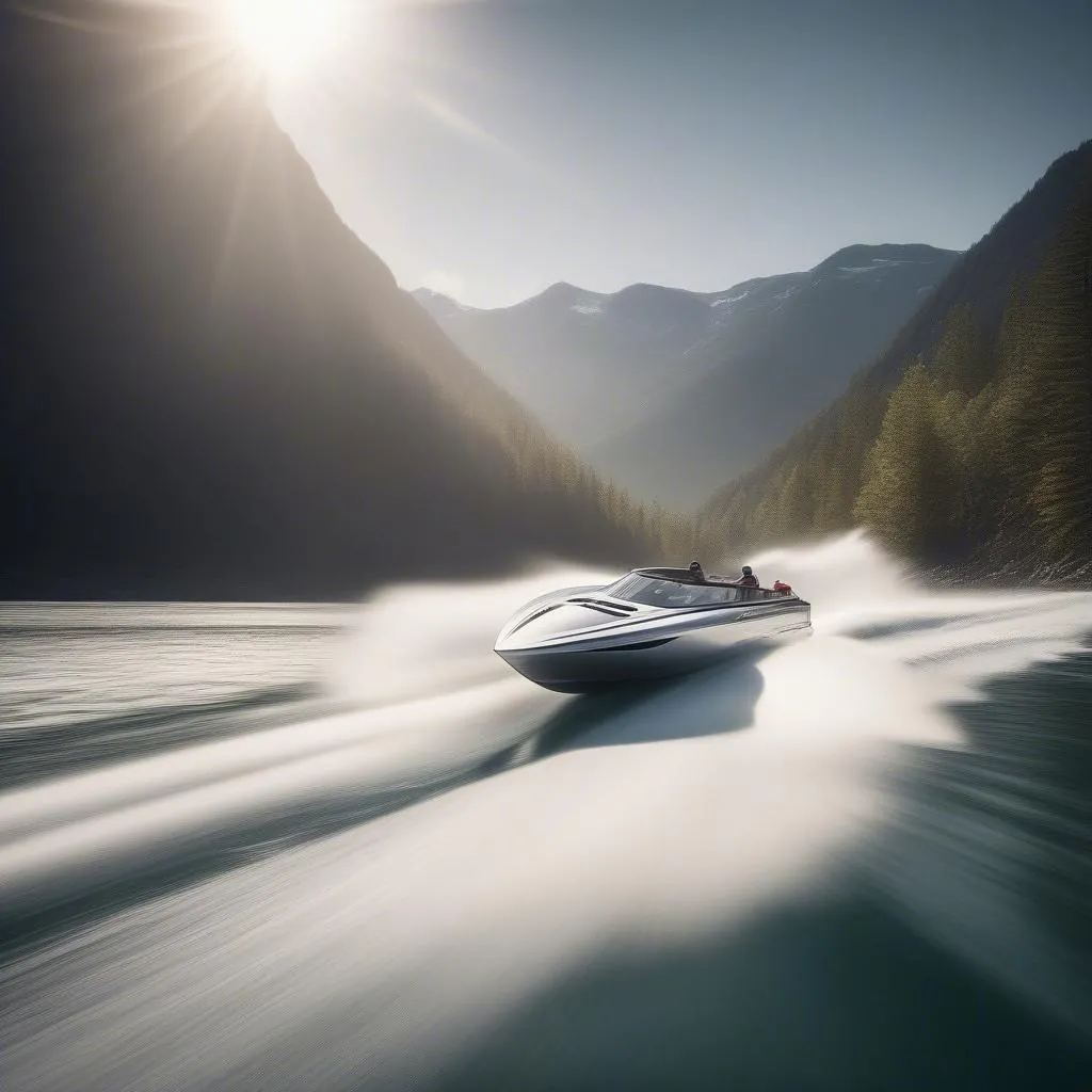 Speedboat on lake with mountains