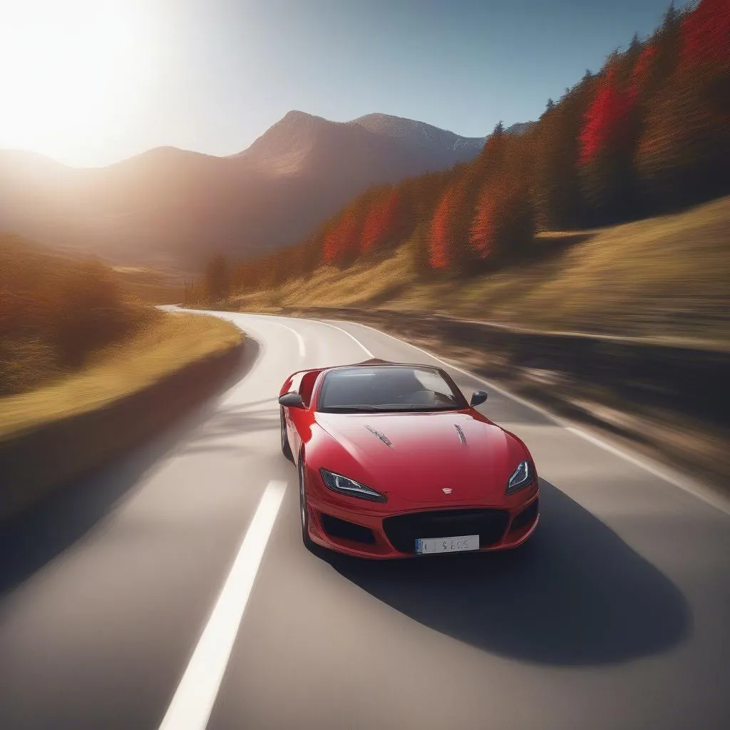 sports car driving on a scenic road