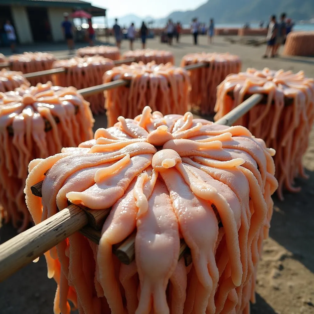 Squid drying in the sun on bamboo racks