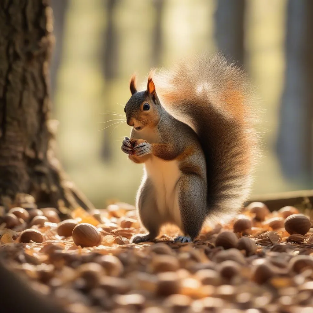 Squirrel gathering nuts in the forest