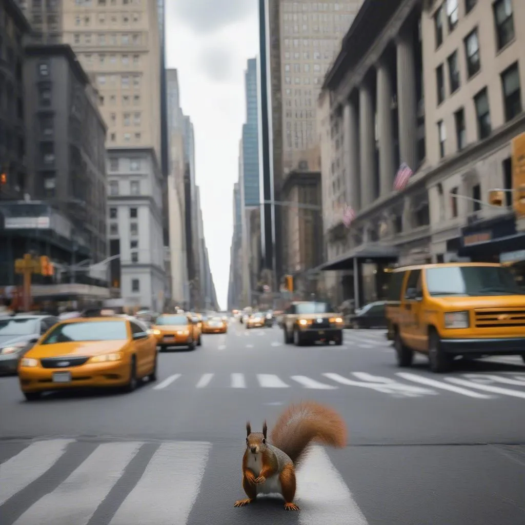 Squirrel running across a street in New York City