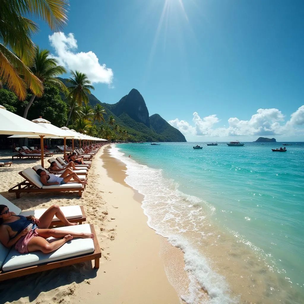 Tourists relaxing on a St. Lucia beach