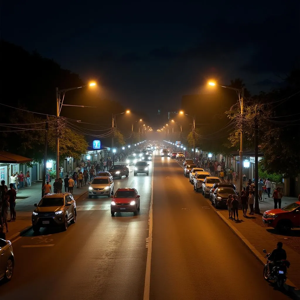 A lively street scene in Castries, St. Lucia at night