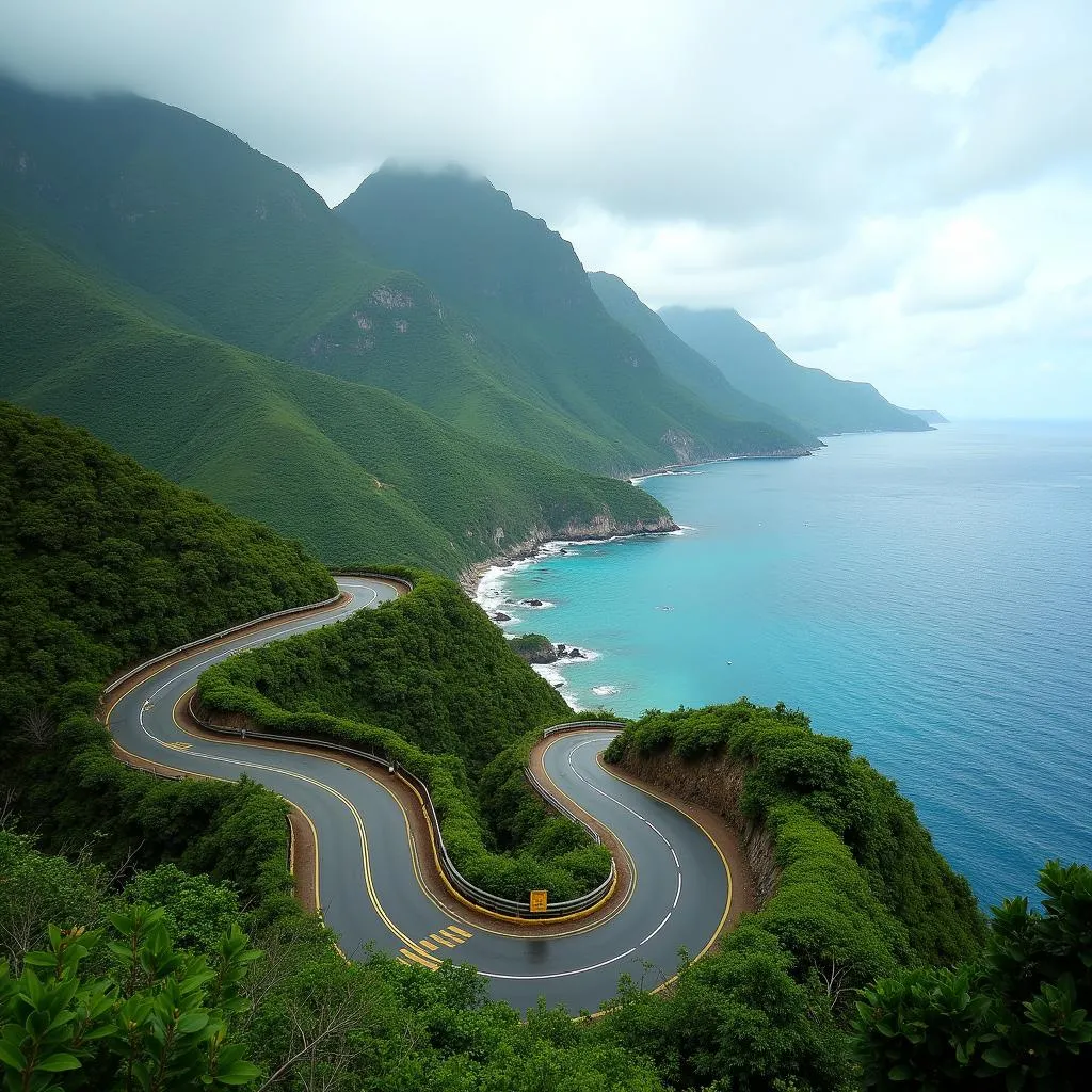 Winding coastal road in St. Lucia with lush greenery