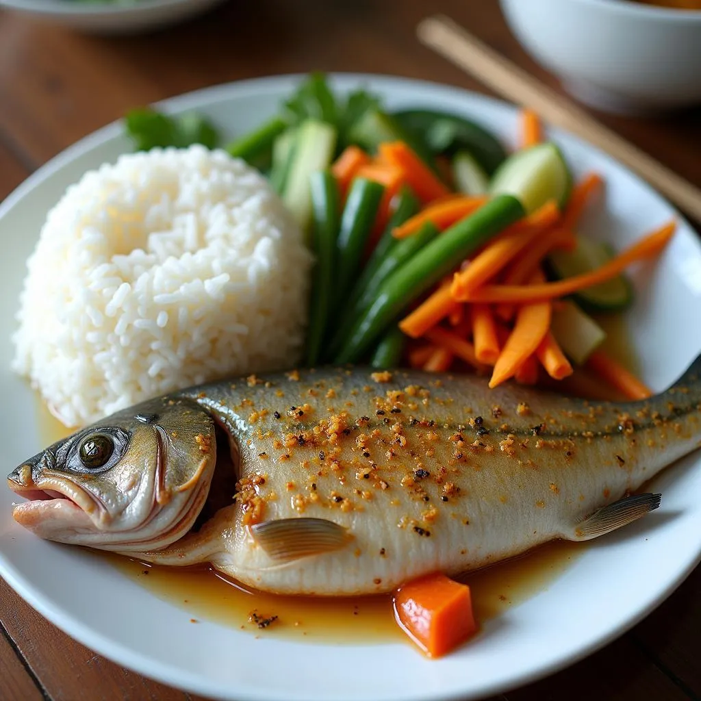 Steamed fish served with rice and vegetables, a healthy meal for pregnant women in Hanoi