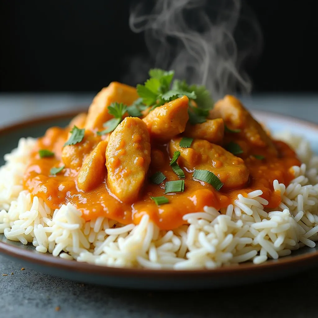 Steamed rice with chicken curry